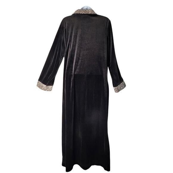 Vintage Cinema Etoile Black Velour Leopard Trim Robe Long Zip Front‎ L - Picture 2 of 9